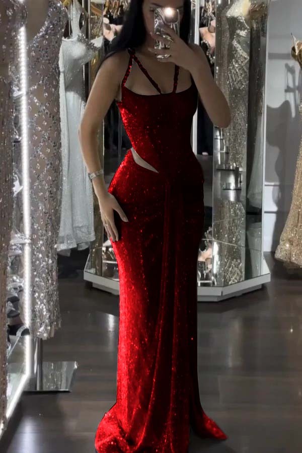 Straps Sleeveless Long Mermaid Prom Dress With Sequins Pleated