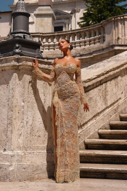 Off the Shoulder Long Sleeves Long Mermaid Prom Dress With Lace Appliques