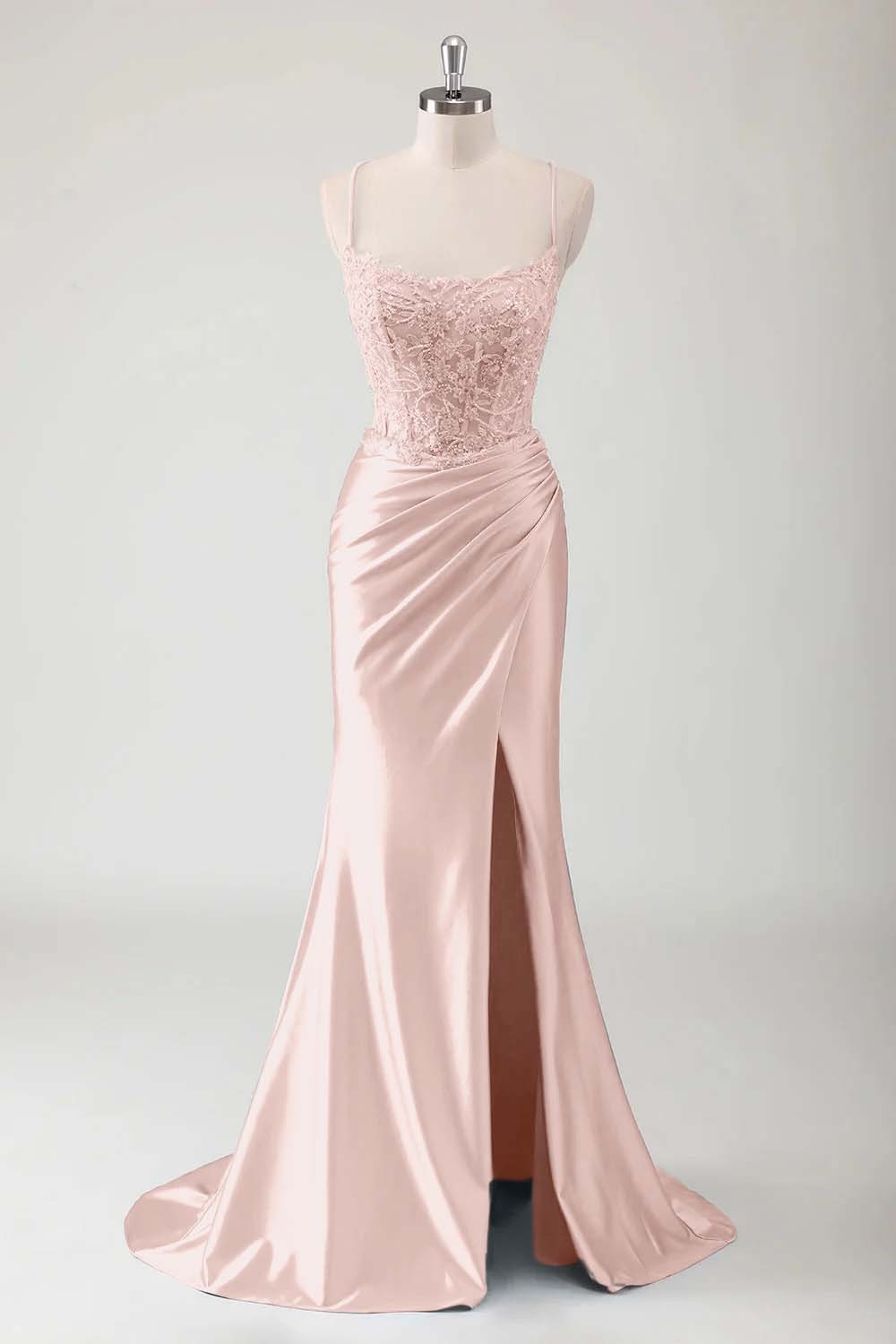 Spaghetti Strap Sleeveless Long High Split Prom Dress With Appliques