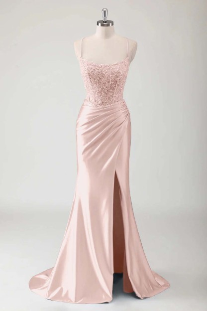 Spaghetti Strap Sleeveless Long High Split Prom Dress With Appliques