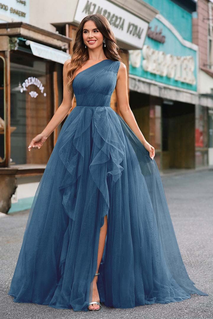 One Shoulder Sleeveless Long Split Prom Dress With Sequins Tulle