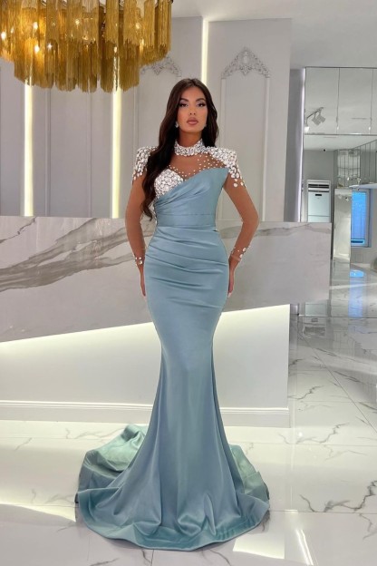 Dusty Blue Prom Dress Long Mermaid Tulle With Beading Ruffles