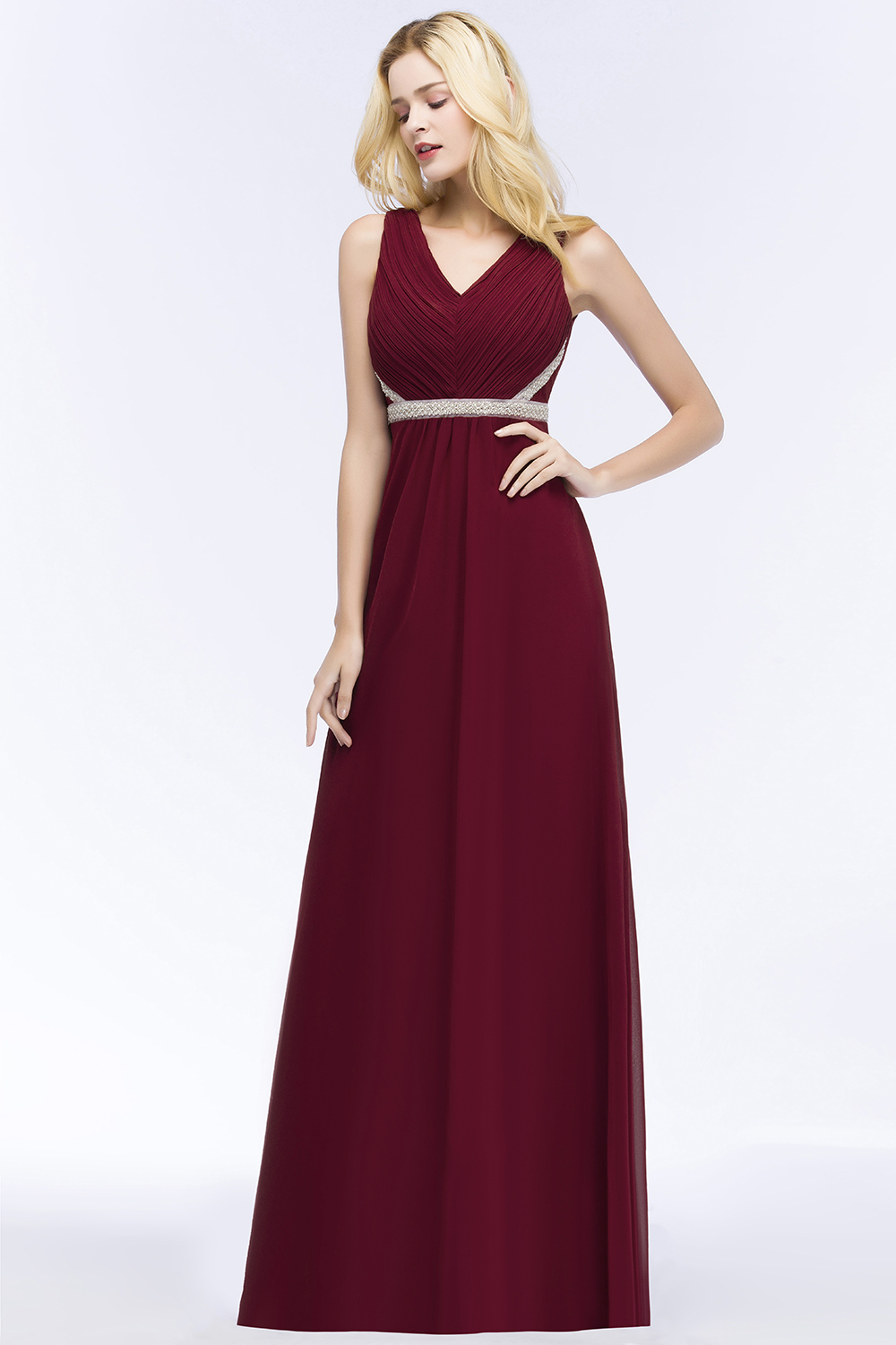 BMbridal Chiffon Burgundy Long Affordable Bridesmaid Dress With Beading Sash-BMbridal