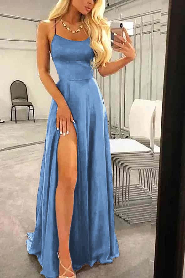 Spaghetti Strap Sleeveless Long Prom Dress With High Split Ruffles
