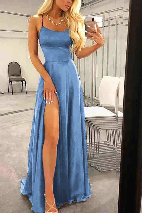 Spaghetti Strap Sleeveless Long Prom Dress With High Split Ruffles