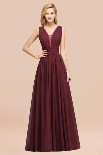 BMbridal Modest Dark Green Long Bridesmaid Dress Deep V-Neck Chiffon Maid of Honor Dress-BMbridal