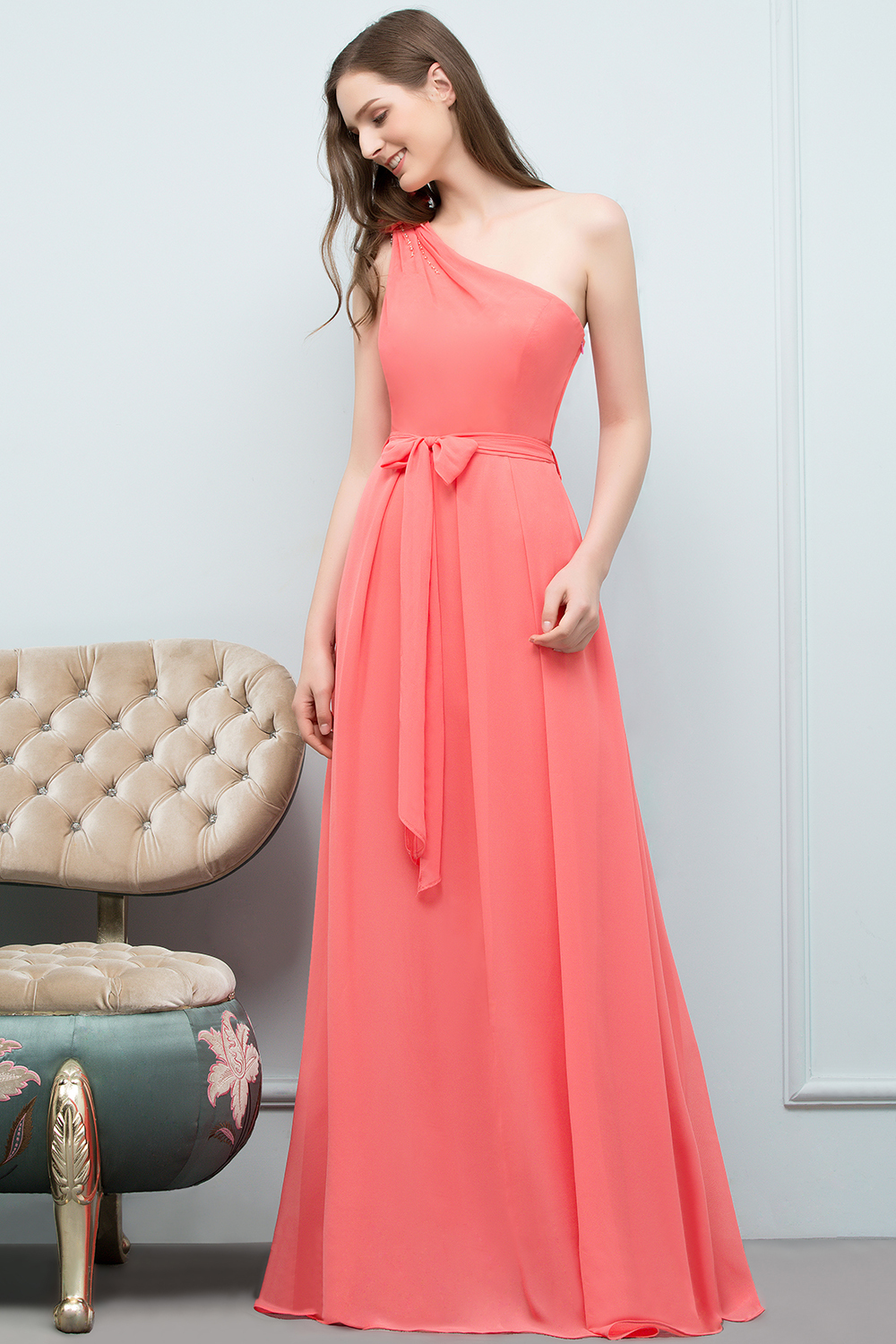 BMbridal Chic One Shoulder Flower Long Bridesmaid Dresses with Bow Sash-BMbridal