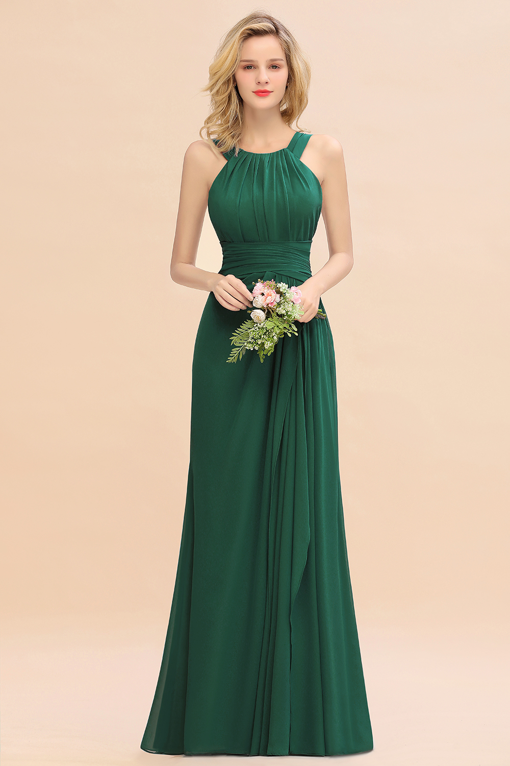 BMbridal Elegant Round Neck Sleeveless Bridesmaid Dress with Ruffles-BMbridal