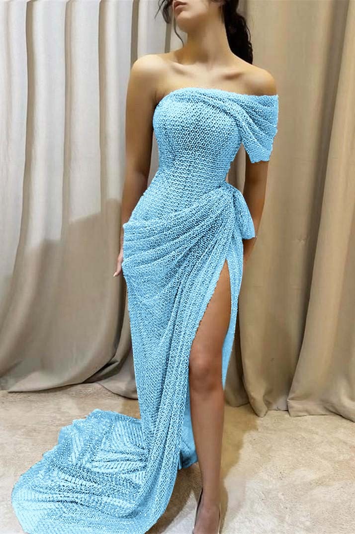 One Shoulder Sleeveless Long Mermaid Prom Dress With Split Pleated