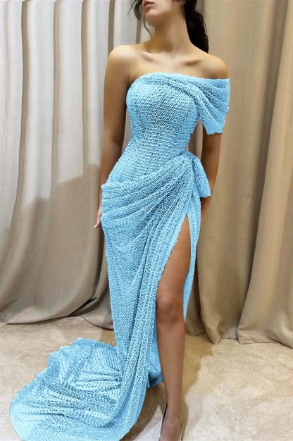 One Shoulder Sleeveless Long Mermaid Prom Dress With Split Pleated
