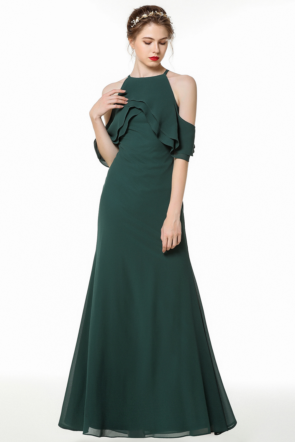 BMbridal Affordable Cold-shoulder Ruffle Dark Green Bridesmaid Dresses Online-BMbridal