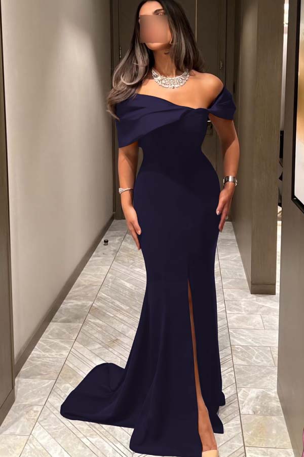 Off the Shoulder Sleeveless Long Mermaid Prom Dress With Pleated