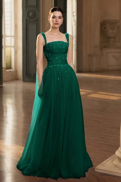 Stunning Tulle Straps Sleeveless Long Prom Dress With Beading
