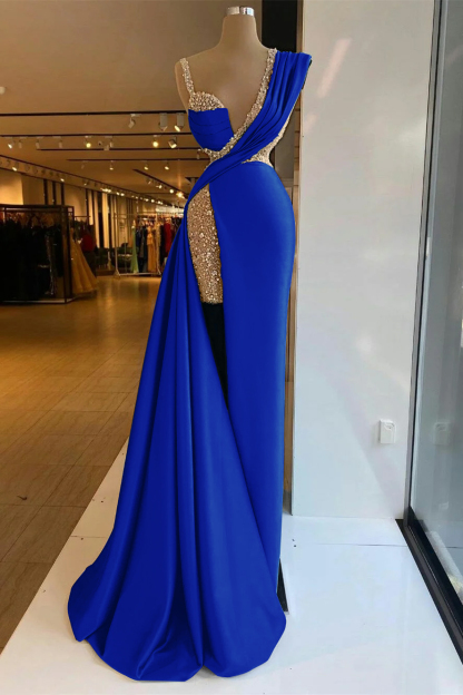 Straps Sleeveless High Split Long Prom Dress With Sequins Ruffles