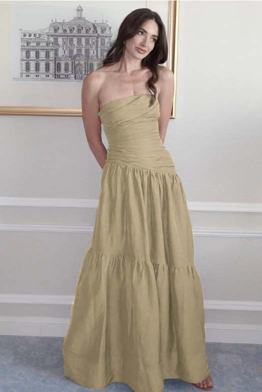Strapless Sleeveless A Line Long Prom Dress With Pleated Pockets