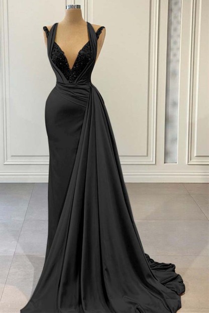 Halter V Neck Sleeveless Long Prom Dress With Beading Pleated