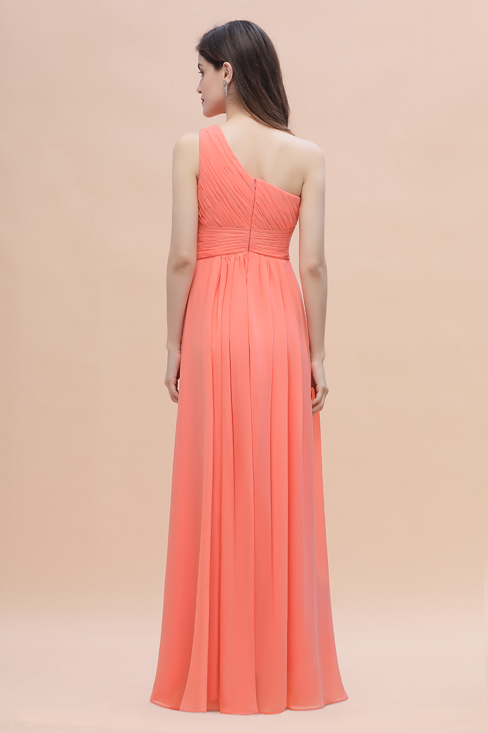 BMbridal Chic One-Shoulder Ruffles Chiffon Coral Bridesmaid Dresses On Sale-BMbridal