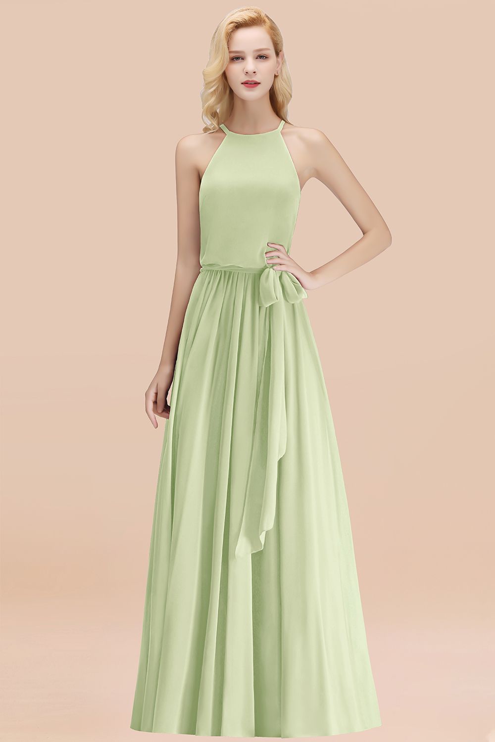 BMbridal Affordable Halter Bow Long Bridesmaid Dress Modest Burgundy Chiffon Wedding Party Dress-BMbridal