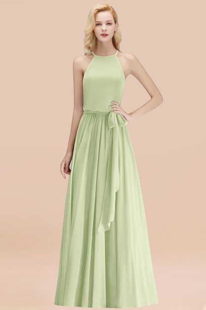 BMbridal Affordable Halter Bow Long Bridesmaid Dress Modest Burgundy Chiffon Wedding Party Dress-BMbridal