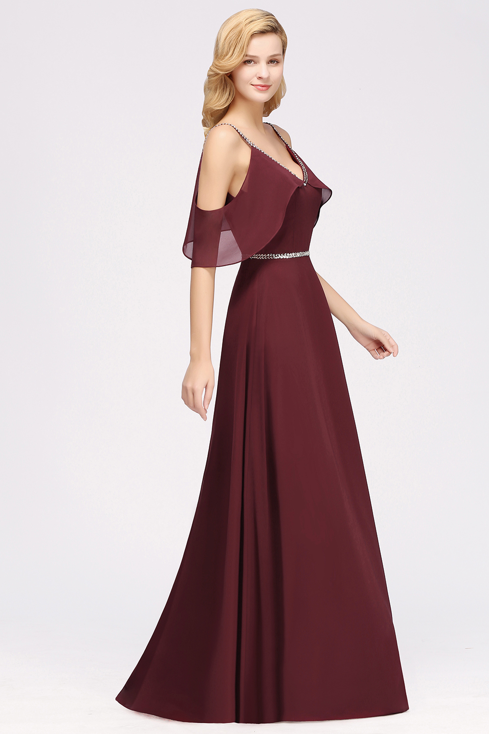 BMbridal Burgundy Cold-shoulder Long Bridesmaid Dress With Half Sleeve-BMbridal