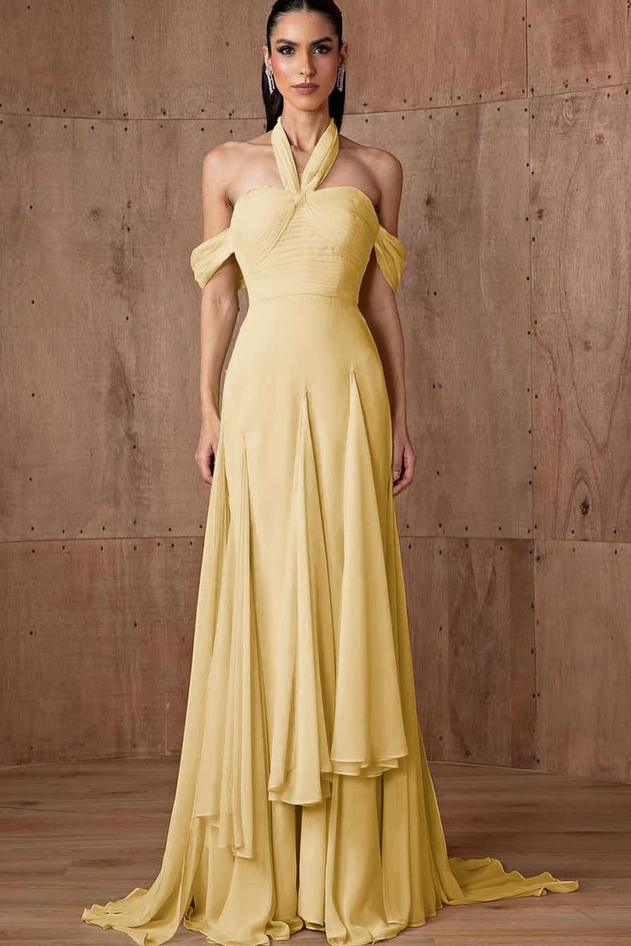 Halter Off the Shoulder Sleeveless Long Prom Dress With Ruffles