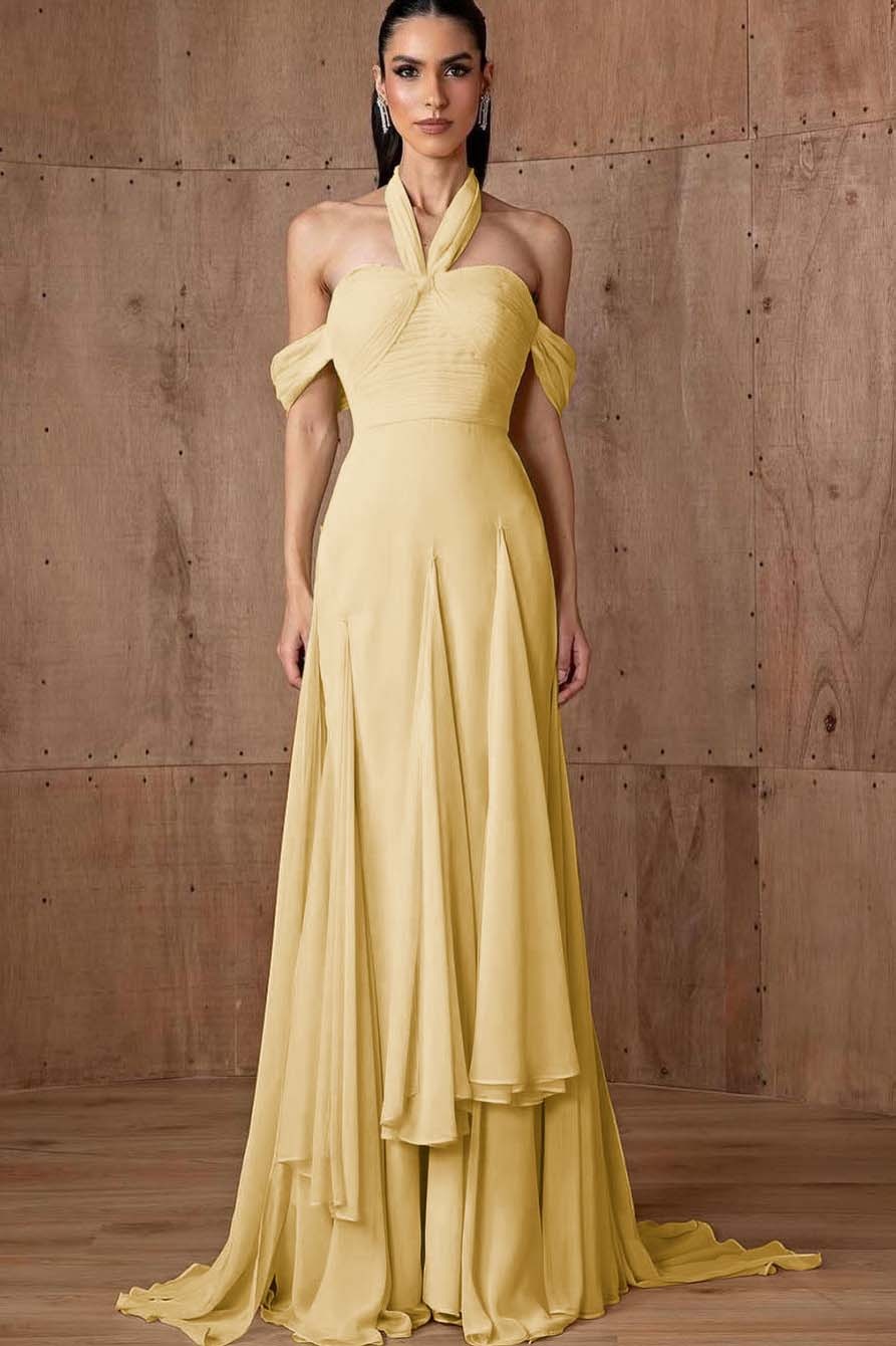 Halter Off the Shoulder Sleeveless Long Prom Dress With Ruffles