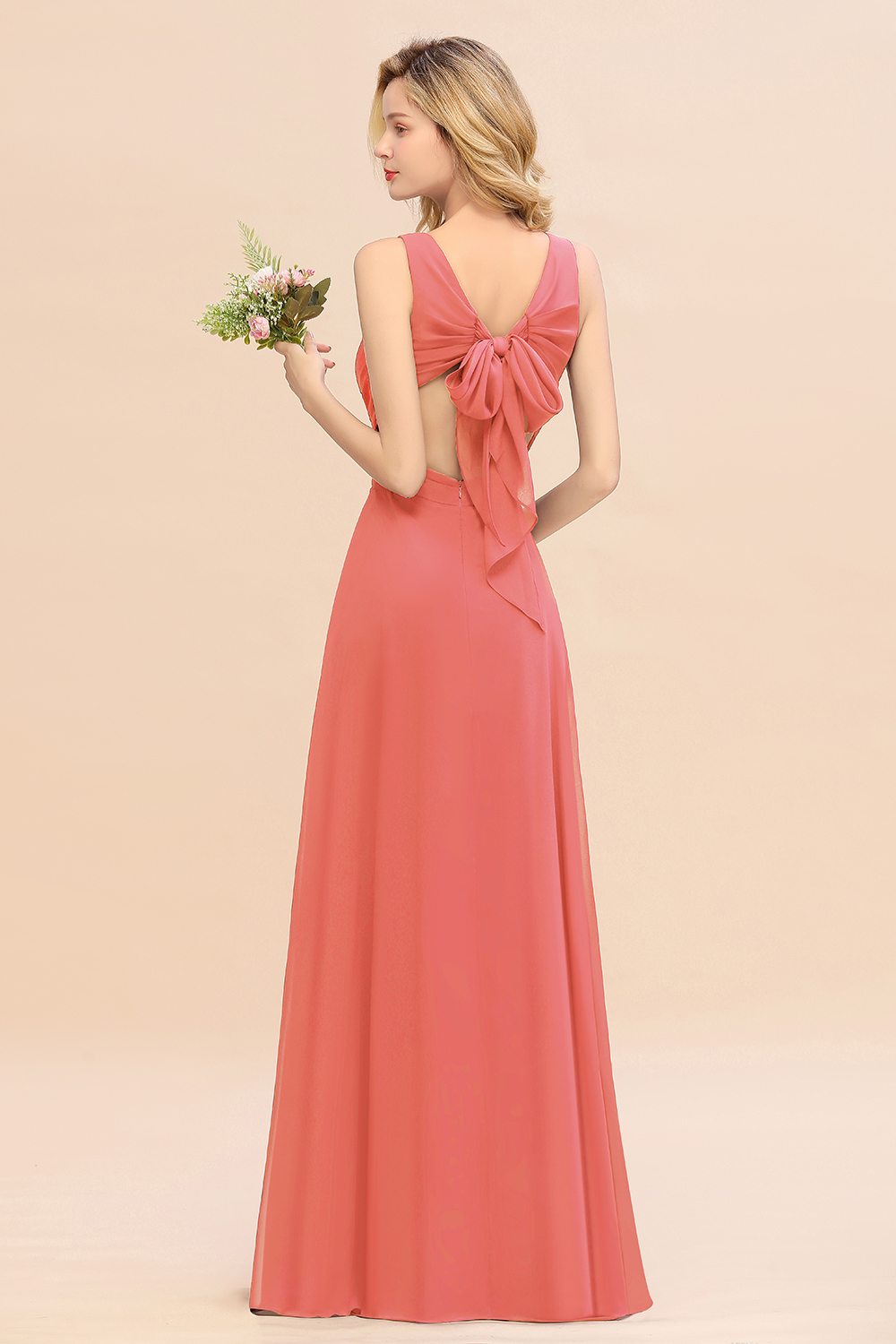 BMbridal Affordable V-Neck Ruffle Long Grape Chiffon Bridesmaid Dress with Bow-BMbridal