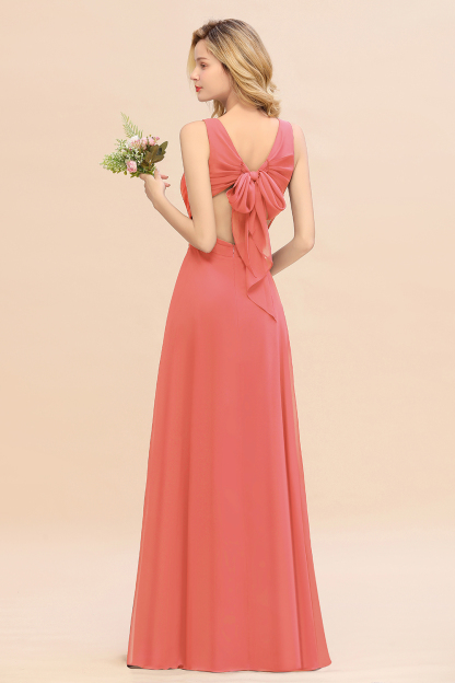 BMbridal Affordable V-Neck Ruffle Long Grape Chiffon Bridesmaid Dress with Bow-BMbridal