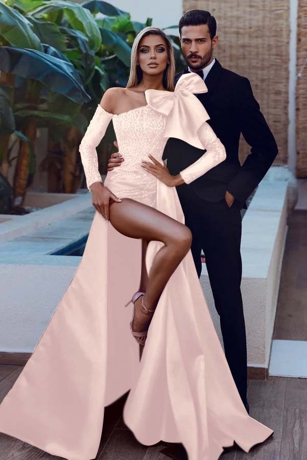 Long Sleeves Strapless Bowknot Burgundy Sequins Mermaid Prom Dress With Split