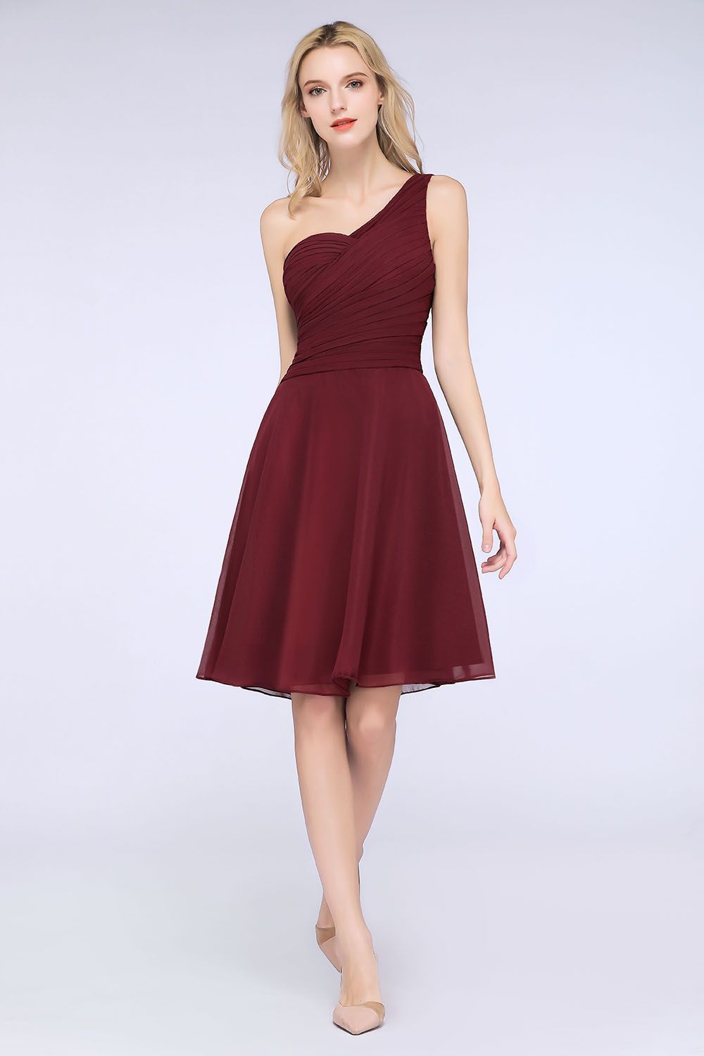 BMbridal Chic One-Shoulder Short Burgundy Affordable Bridesmaid Dress with Ruffle-BMbridal