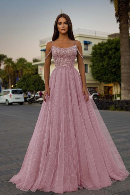Tulle Spaghetti Strap Sleeveless A Line Long Prom Dress With Sequins Beads