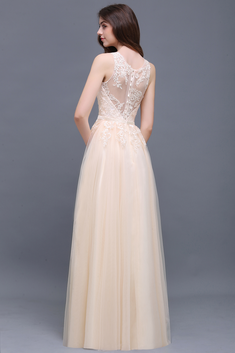 BMbridal Elegant Tulle Lace Champagne Long Bridesmaid Dress With Appliques-BMbridal