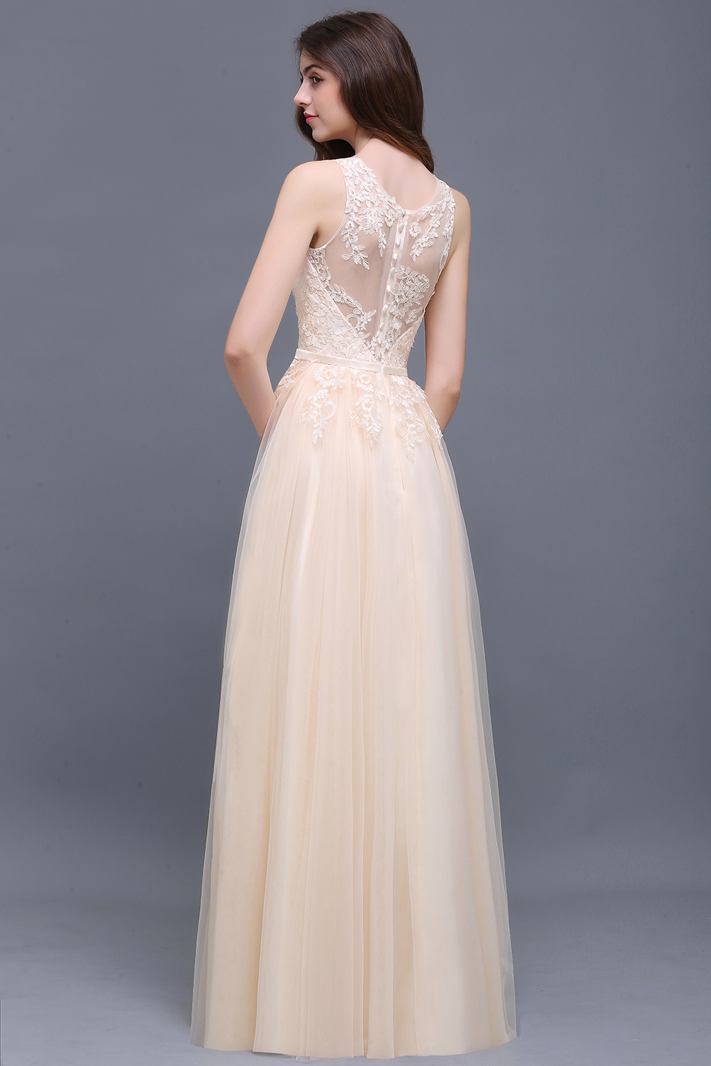 BMbridal Elegant Tulle Lace Champagne Long Bridesmaid Dress With Appliques-BMbridal
