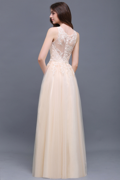 BMbridal Elegant Tulle Lace Champagne Long Bridesmaid Dress With Appliques-BMbridal