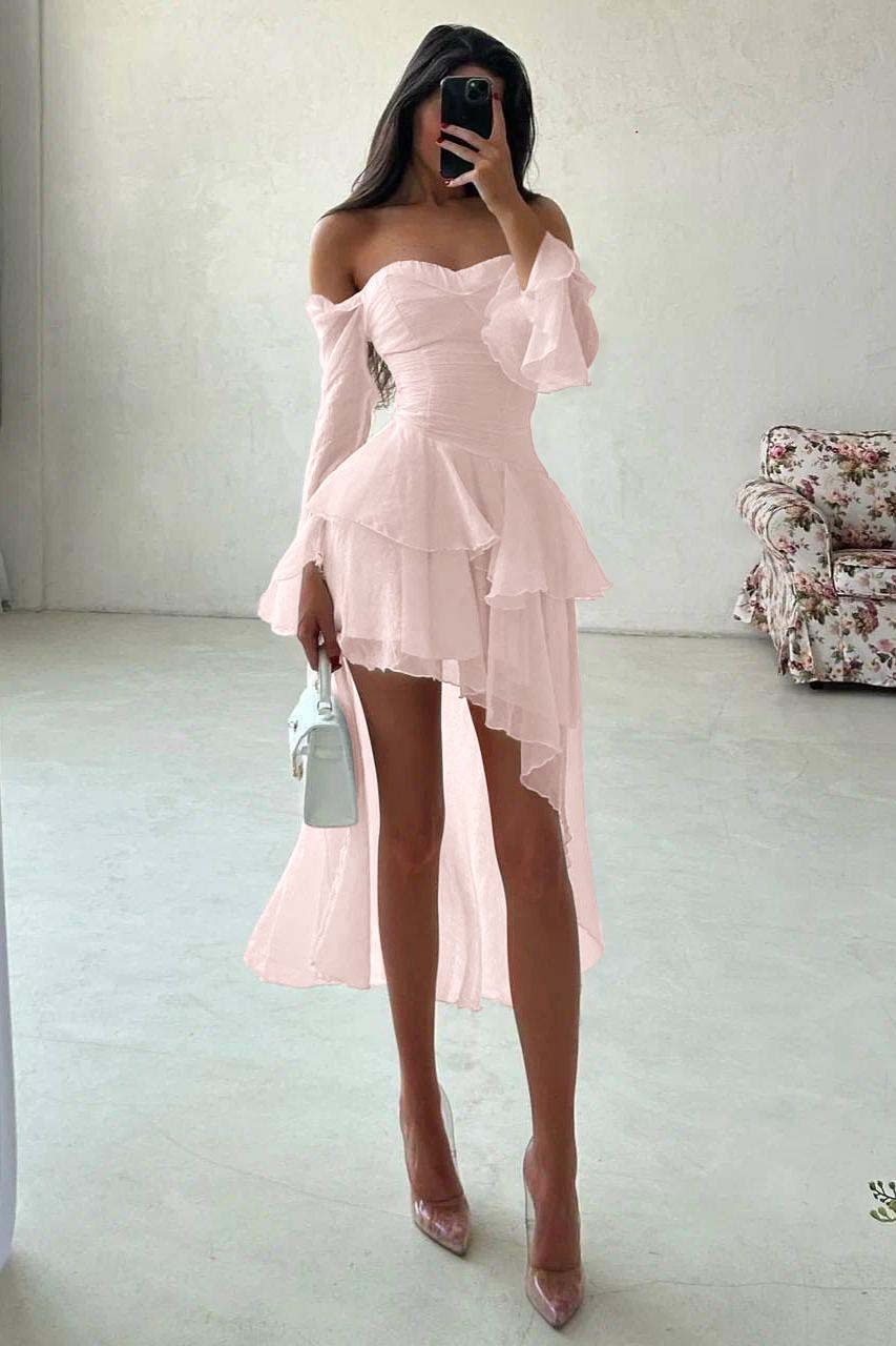 Strapless Long Sleeves Off the Shoulder Short Prom Dress With Ruffles