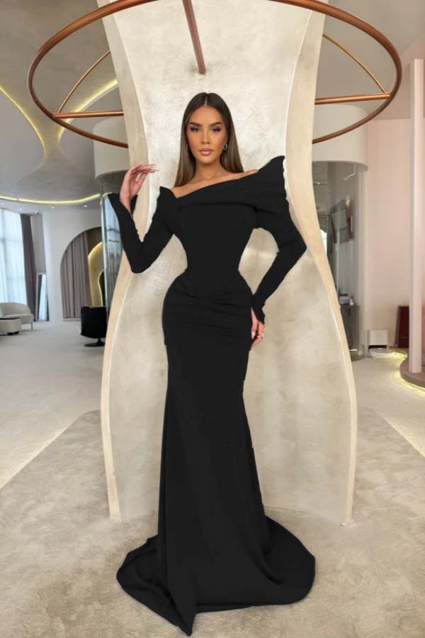 Off the Shoulder Long Sleeves Long Mermaid Prom Dress With Pleated