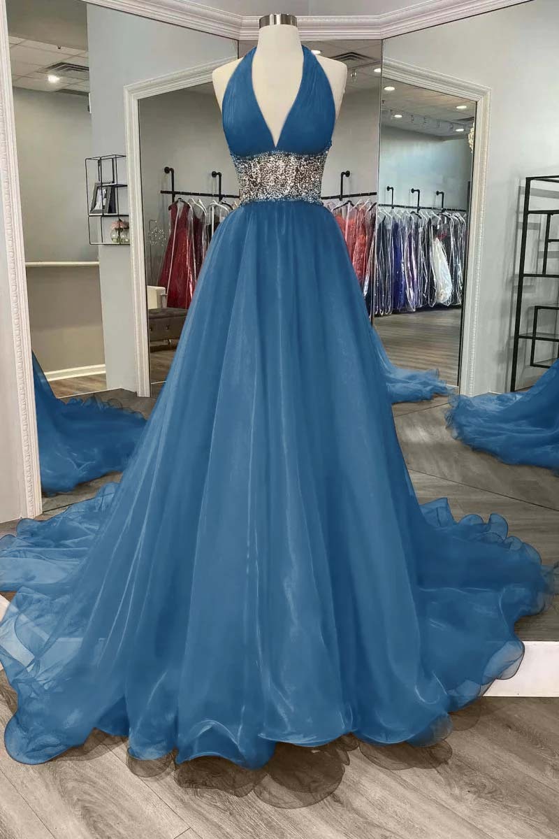 Halter Deep V Neck Sleeveless Long Prom Dress With Beading Ruffle