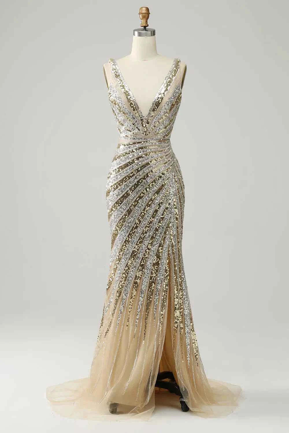 Sparkly Golden Mermaid Deep V-Neck Sequins Long Prom Dress