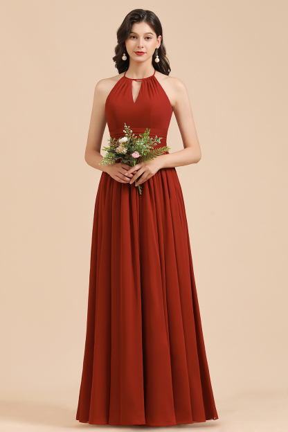 BMbridal Rust Halter Long Chiffon Bridesmaid Dress On Sale-BMbridal