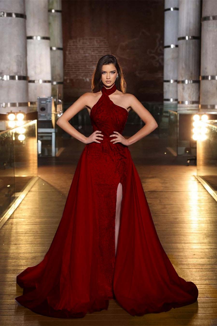 Purple Halter Mermaid Prom Dress Tulle Ruffles With Split Appliques