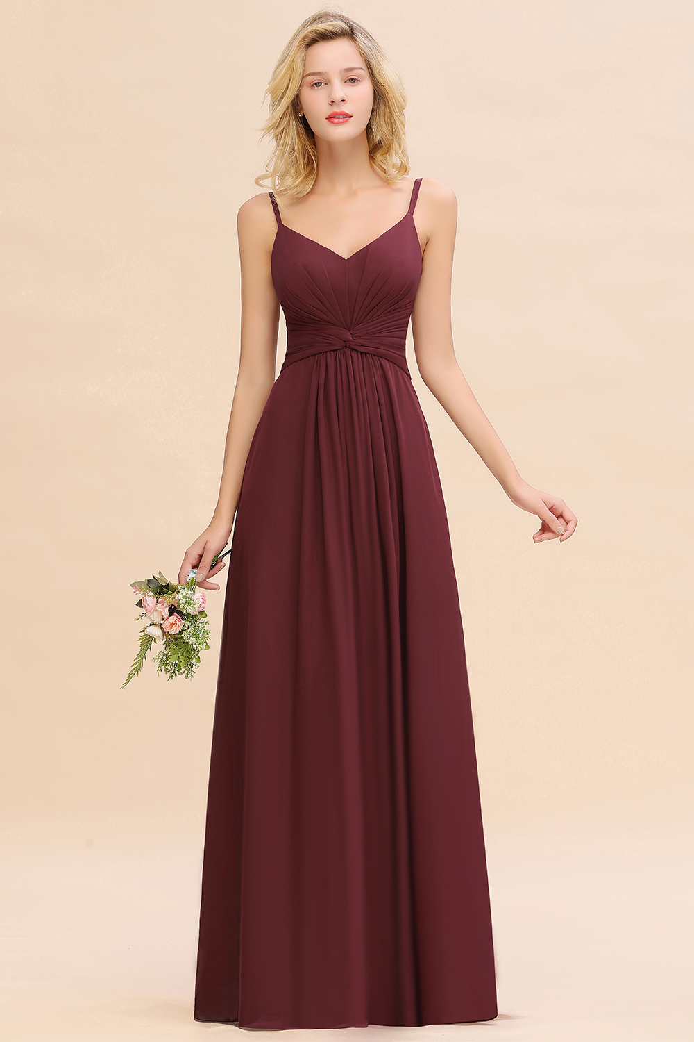 BMbridal Modest Ruffle Spaghetti Straps Backless Burgundy Bridesmaid Dresses Affordable-BMbridal