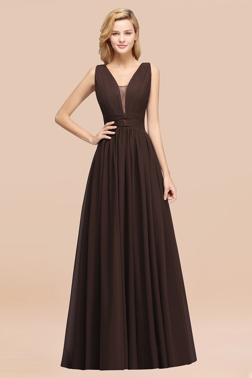 BMbridal Modest Dark Green Long Bridesmaid Dress Deep V-Neck Chiffon Maid of Honor Dress-BMbridal