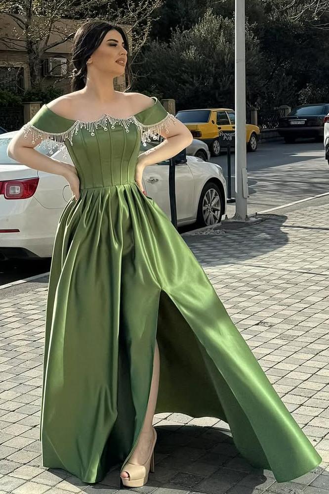 Off the Shoulder Sleeveless Long Split Prom Dress With Pleated Beading