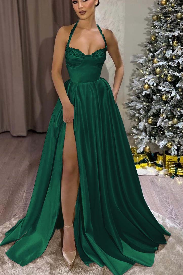 Black Halter Sweetheart Sleeveless Long Prom Dress With Split