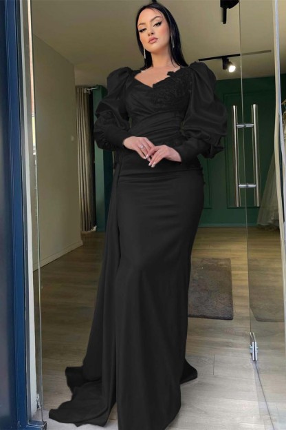 Long Puff Sleeves Pleated Mermaid Split Prom Dress With Appliques Ruffles