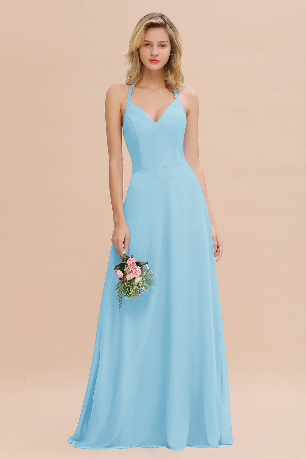 BMbridal Modest Halter V-Neck Sleeveless Long Bridesmaid Dresses Online-BMbridal
