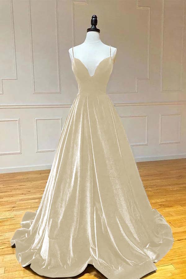 Spaghetti Strap V Neck Sleeveless Long Prom Dress With Pleated