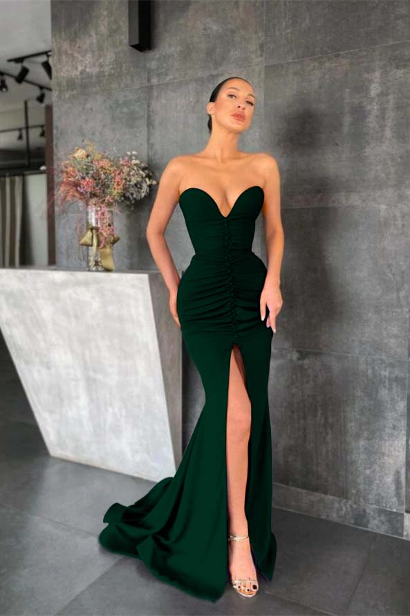 Sleeveless Strapless Long Mermaid Prom Dress With Pleated Split