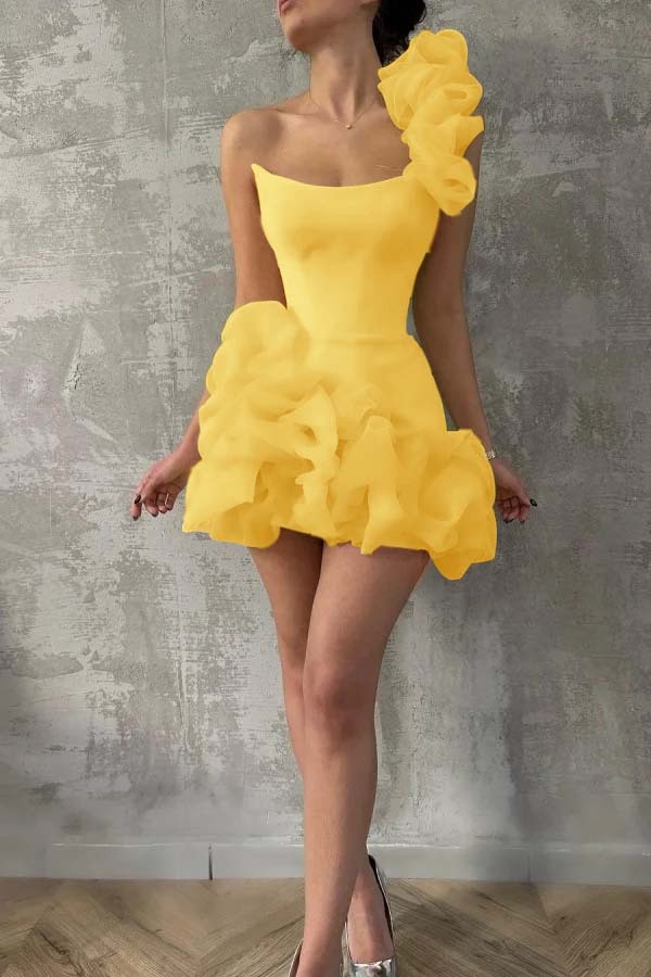 One Shoulder Sleeveless Short Prom Dress With Pleated Tulle