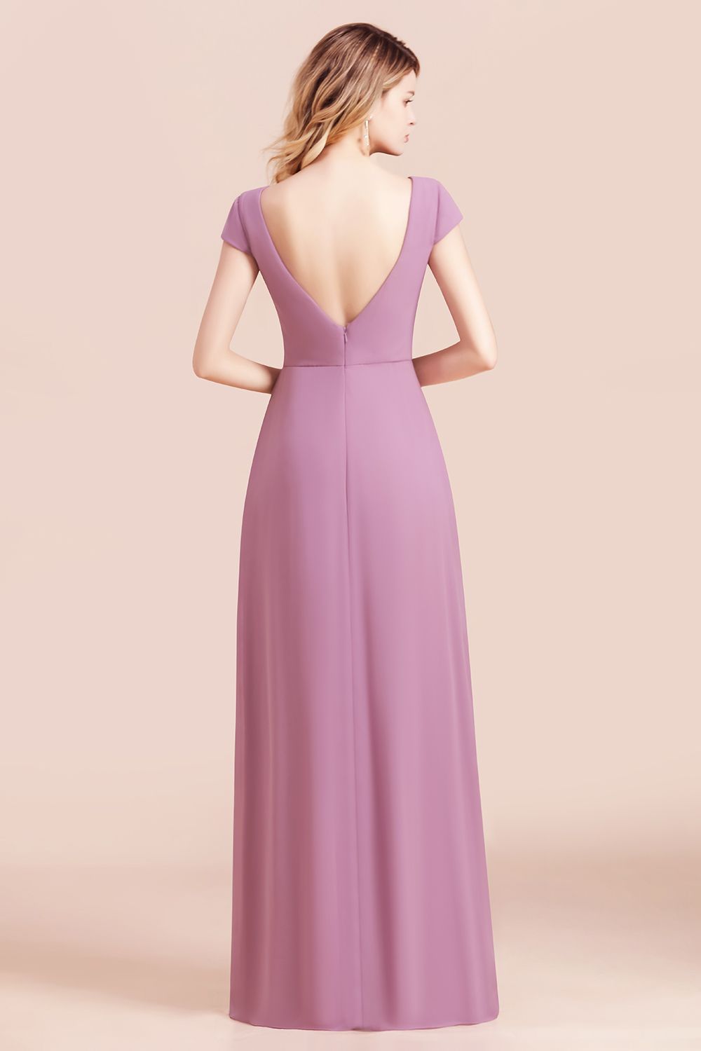 BMbridal Chic V-Neck Chiffon Wisteria Bridesmaid Dresses with Short Sleeves-BMbridal